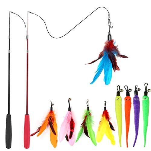 MeoHui Cat Toys for Indoor Cats Interactive Cat Toy 2PCS Retractable Wand Toy and 9PCS Cat Feather Toys Refills Funny Kitten Toys Cat Fishing Pole Toy for Bored Indoor Cats Chase and Exercise