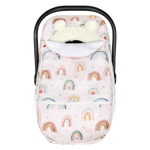 CARUILI Winter Car Seat Cover Baby Girl Boy, Warm & Windproof Infant Carseat Cover Canopy Protect Baby from Cold Weather, Plush Fleece, Pink Rainbow