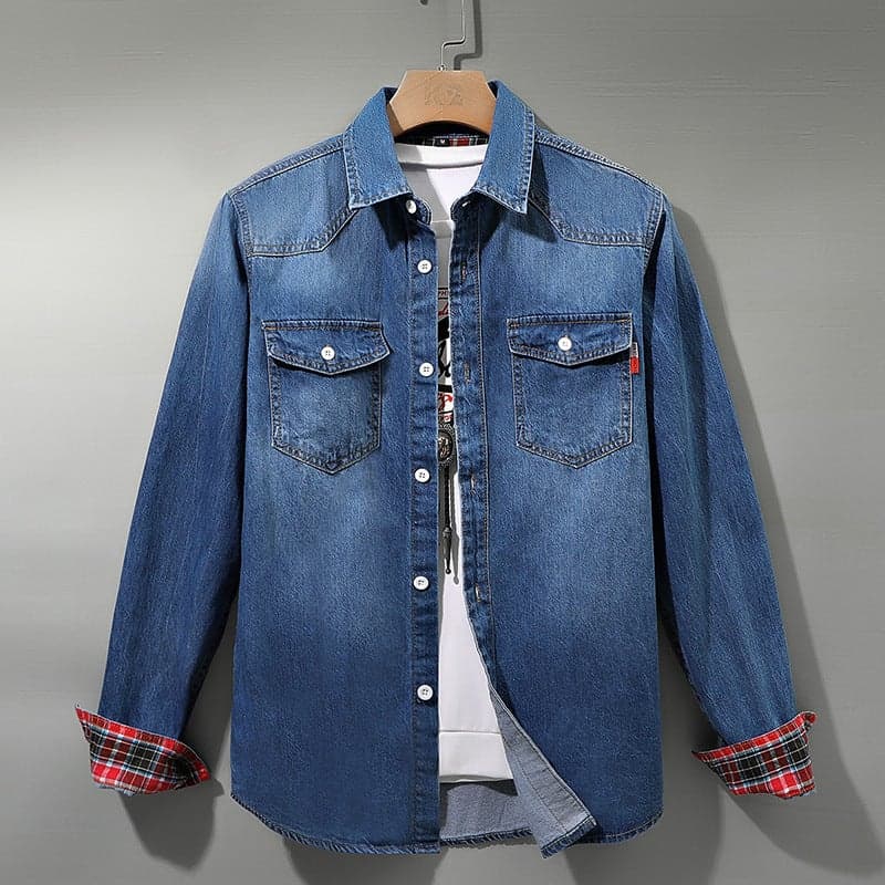 New Japanese Style Retro Washed Men'S Denim Long-Sleeved Shirt American Style Simple All-Match Loose Casual Shirt