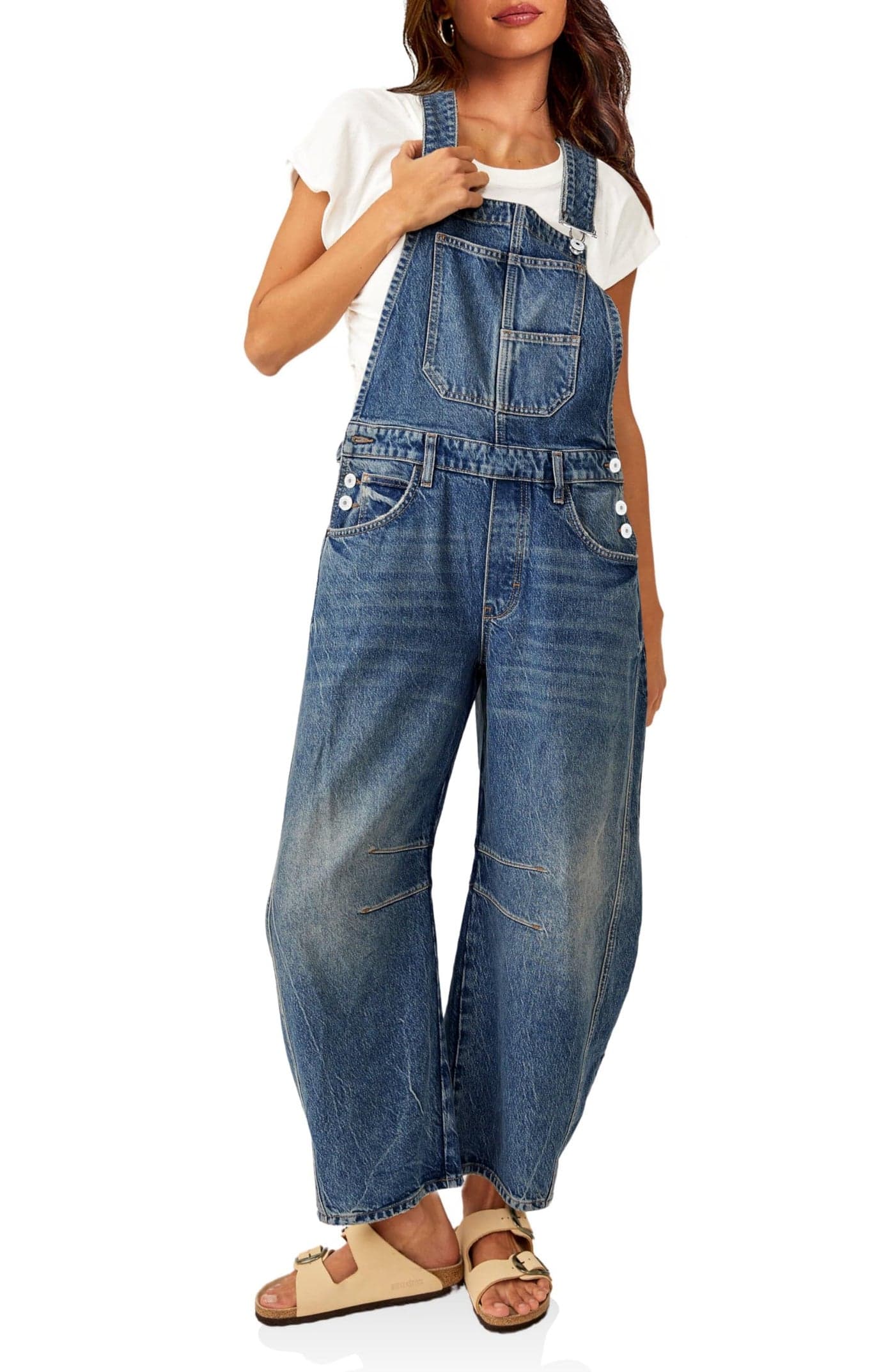 PLNOTME Womens Denim Bib Overalls Barrel Leg Adjustable Strap Jean Pants Jumpsuits with Pockets