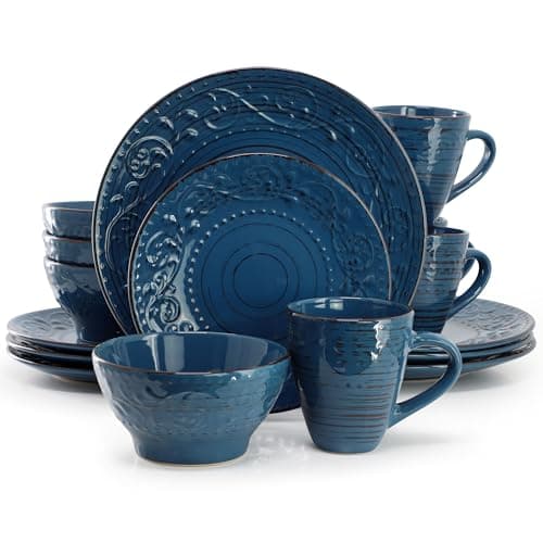 Elama Malibu Deep Ocean 16-Piece Stoneware Embossed Pattern Reactive Glaze Dark Blue Dinnerware Set, Tableware, Serveware Set (Deep Ocean Blue)