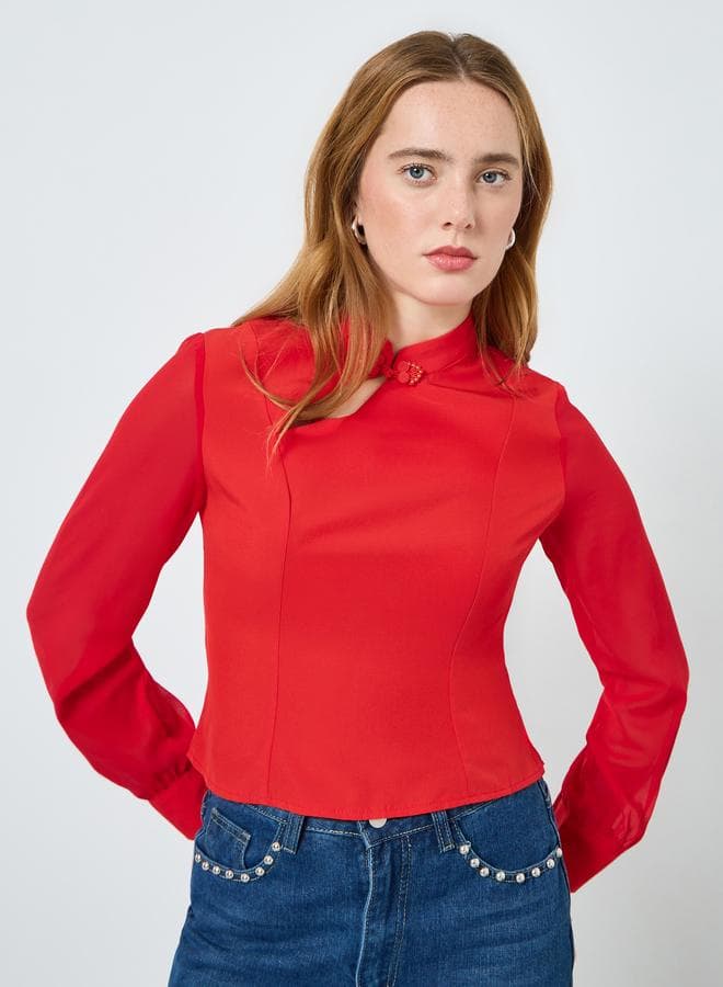Women Red Long Sleeve Fitted Top