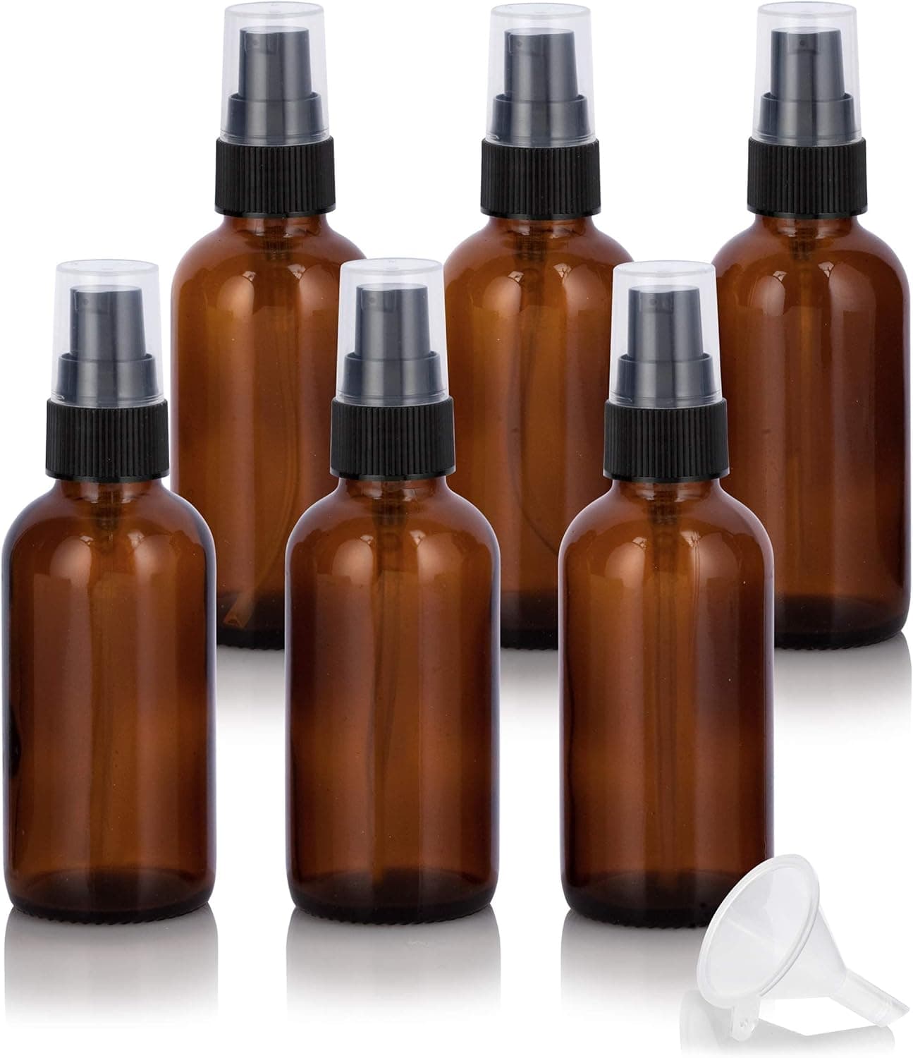 JUVITUS 2 oz Amber Glass Boston Round Black Treatment Pump Bottle (6 pack) + Funnel Refillable Empty Storage Containers