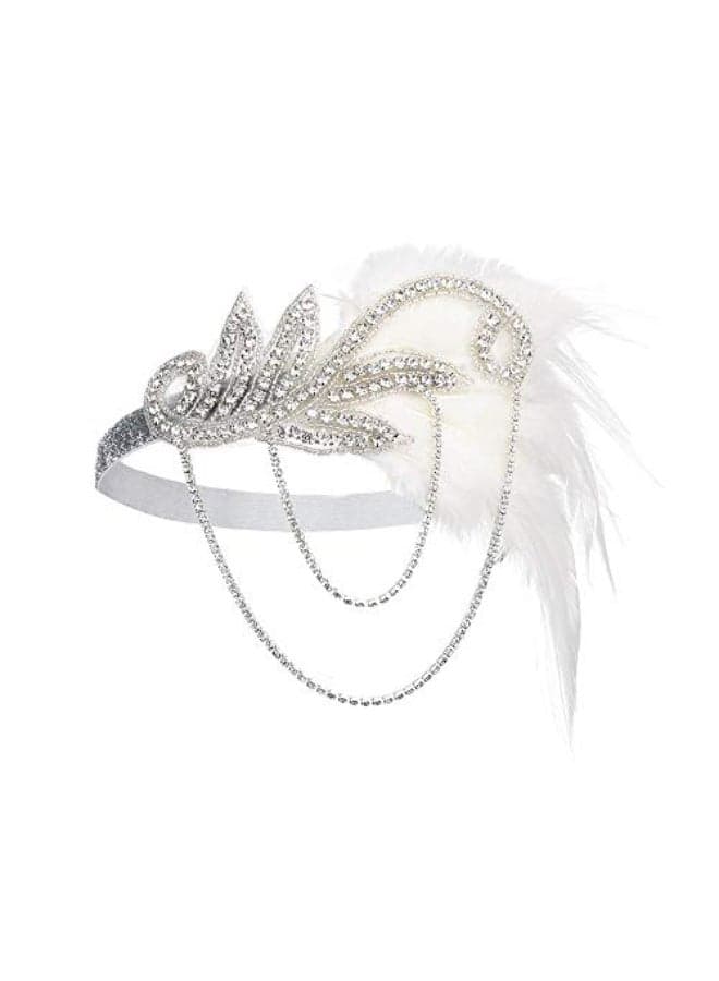 JISEN 1920s Flapper Vintage Feather Gatsby Crystal Headpiece Silver