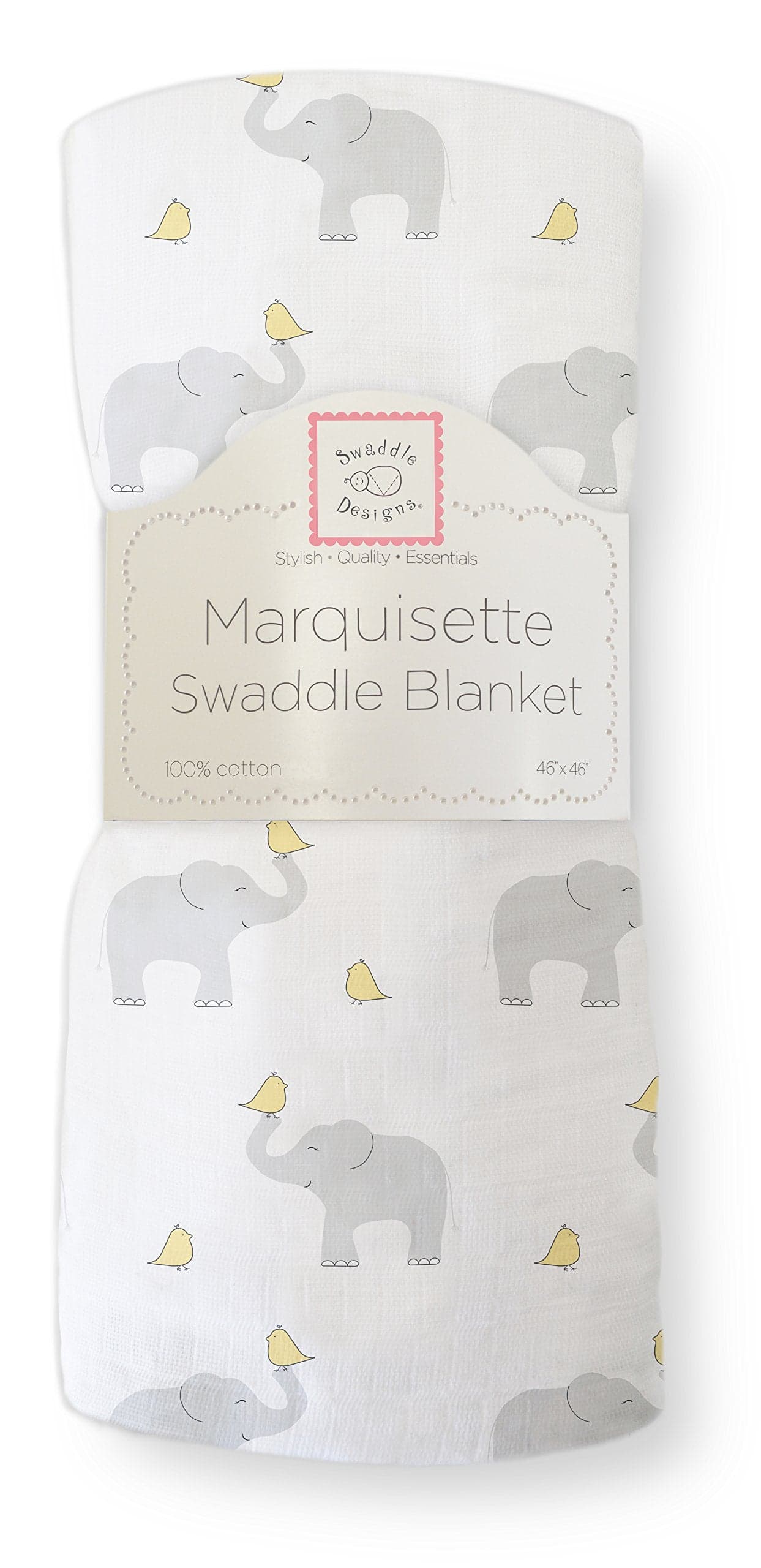 SwaddleDesigns Marquisette Receiving Swaddle Blanket for Baby Boys Girls Soft Premium Cotton Muslin Best Shower Gift Elephant and Pastel Yellow Chickies Parent Picks Award Winner