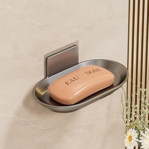 Tenom Soap Stand for Bathroom Wall Mounted, Space Aluminum Soap Holder for Bathroom Stickable, Rustproof Soap Dish, Durable Soap Box with Drain Tray (1, Grey)