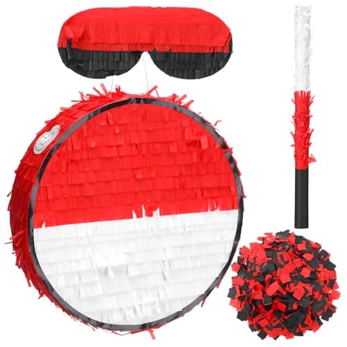 Lunmon Cartoon Animation Piata Red and White Ball Cartoon Birthday Party Favors Anime Themed Fiesta Decorations Piata with Batting Stick Eye Mask and Confetti for Video Nights Sports Team