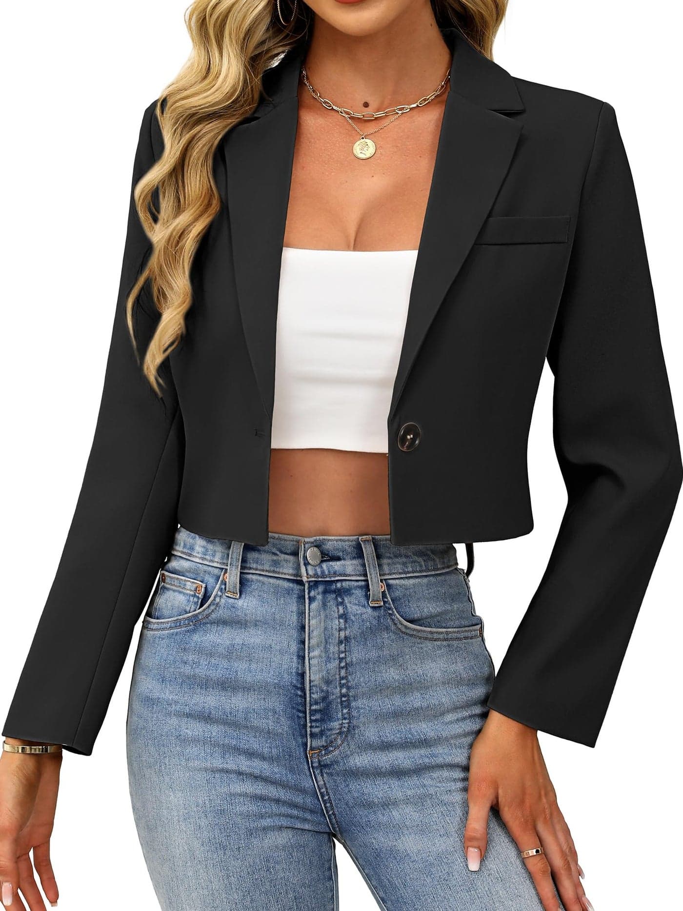 ELLEVEN Womens Blazer Business Casual Cropped Blazers for Women Casual Open Front Womens Blazers Suit Jackets Office Work Dressy Suit Corporate Professional Interview Outfits Black Large