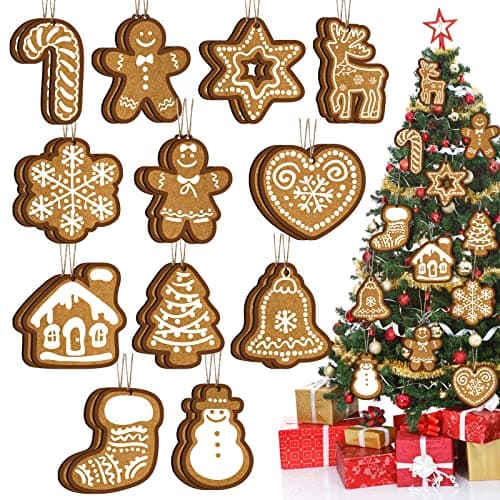Yulejo 24 Pcs Gingerbread Ornaments for Christmas Tree Decorations Farmhouse Rustic Wood Gingerbread Man House Figurines Snowflake Candy Snowman Hanging Ornaments for Xmas Winter Party Decor Supplies