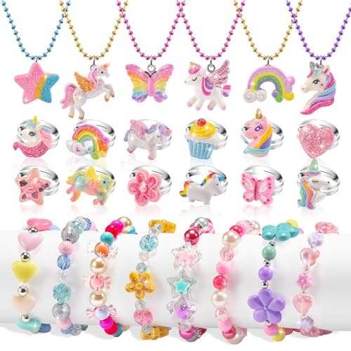 Kids Jewelry for Girls 46 Little Girls Play Jewelry Set for Toddlers Age 35 68 Childrens Princess Costume Dress Up Necklace Bracelets Rings Unicorn Birthday Gifts for 3 4 5 7 6 8 Year Old