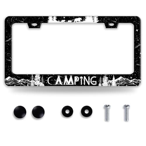 Camping License Plate Frame Forest Mountains License Plate Holder Funny Stainless Steel Accessories Cars Decor with 2 Holes and Screws Fits Standard Us Ca Vehicles License Plate Frames 122 X 6 Inch