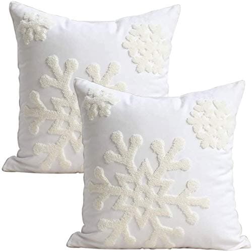 Elife 18x18 Soft Canvas Christmas Winter Snowflake Style Cotton Linen Embroidery Throw Pillows Covers wInvisible Zipper for Bed Sofa Cushion Pillowcases for Kids Bedding 1 Pair White