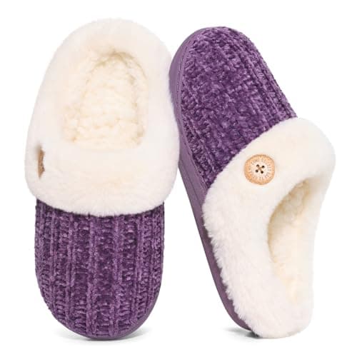Evshine Women's Fuzzy Memory Foam Slippers Chenille Knit bedroom House Slippers Fluffy Plush Warm Slip-on Indoor Shoes, Buttoned Purple, 40-41 (Size 8-9)
