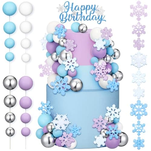 Tioncy 71 Pcs Snowflake Cake Toppers Set Multicolor Balls Blue Princess Happy Birthday Cake Topper Decorations for Winter Wonderland Birthday Snowflake Party Supplies