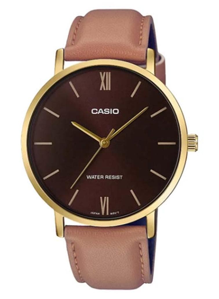 Men Leather Analog Wrist Watch MTP-VT01GL-5BUDF - 40 mm - Brown