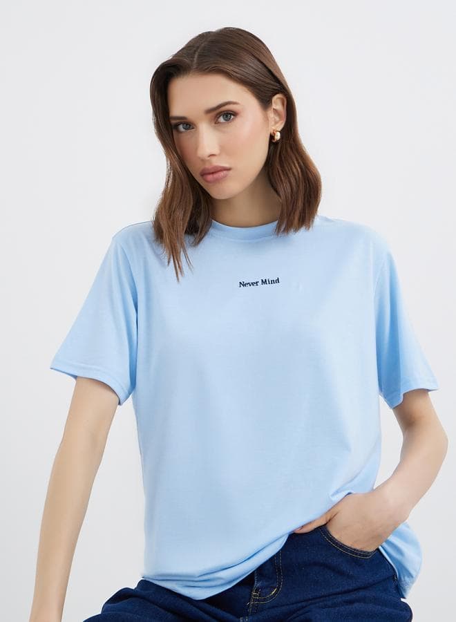 Take Two Blue Embroidered Slogan T-Shirt