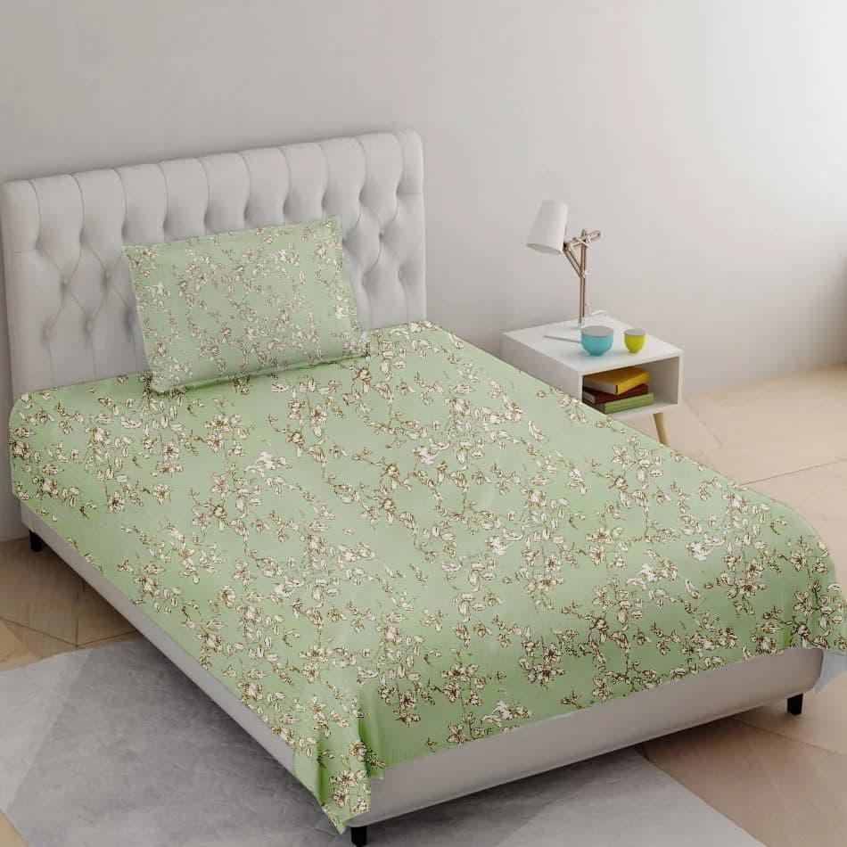 Trance Home Linen 100% Percale Cotton 210 TC Bedsheet | Single Size Printed Flat Bedsheet with 1 Pillow Cover (Single 60x100 inch, Grape Vine Green)