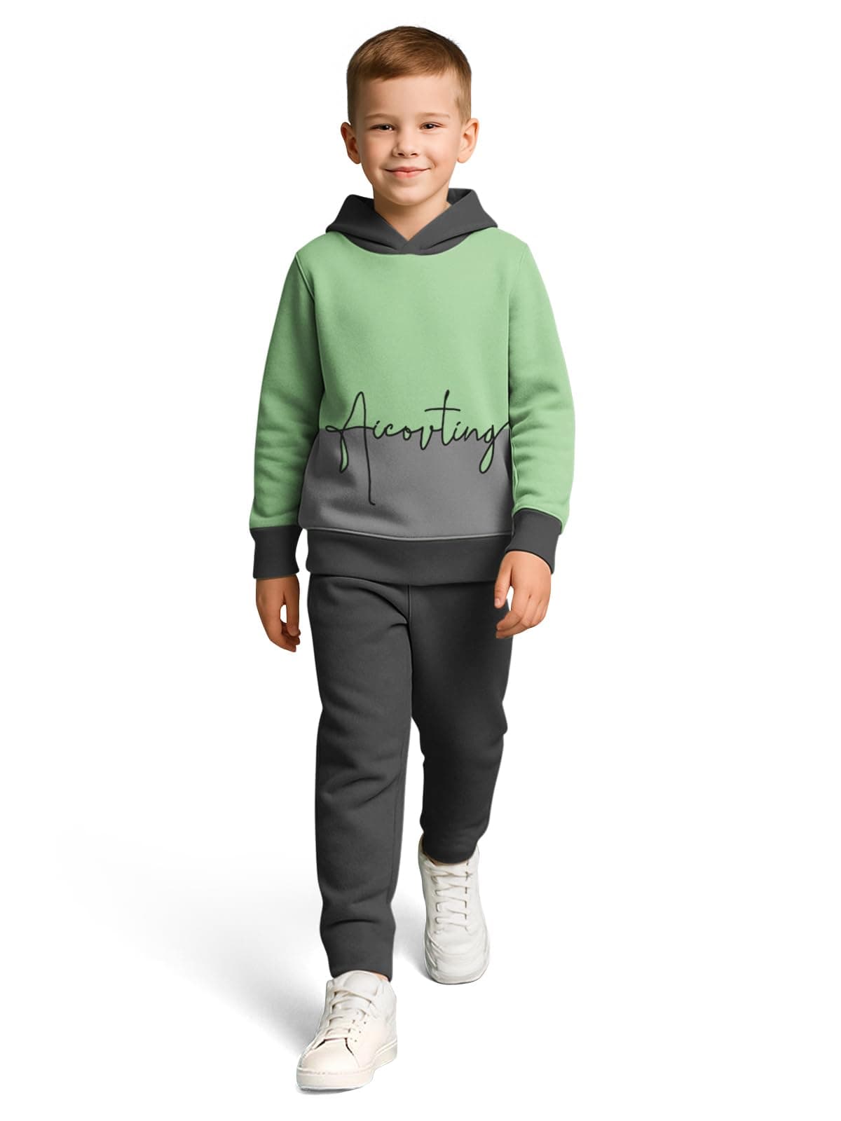 HELLCAT Trendy Co-ords with Hoodie Sweatshirt and Trackpant Clothing Set for Boys Green/TPS Grey 3-4 Years