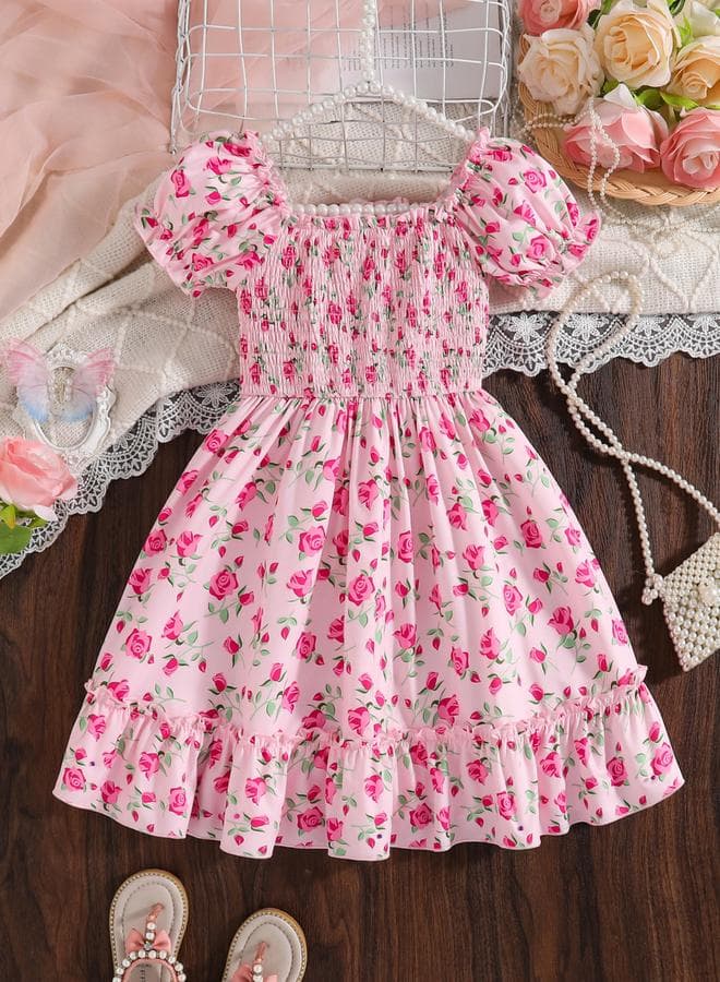 Girls Pink Floral Print Puff Sleeve Dress