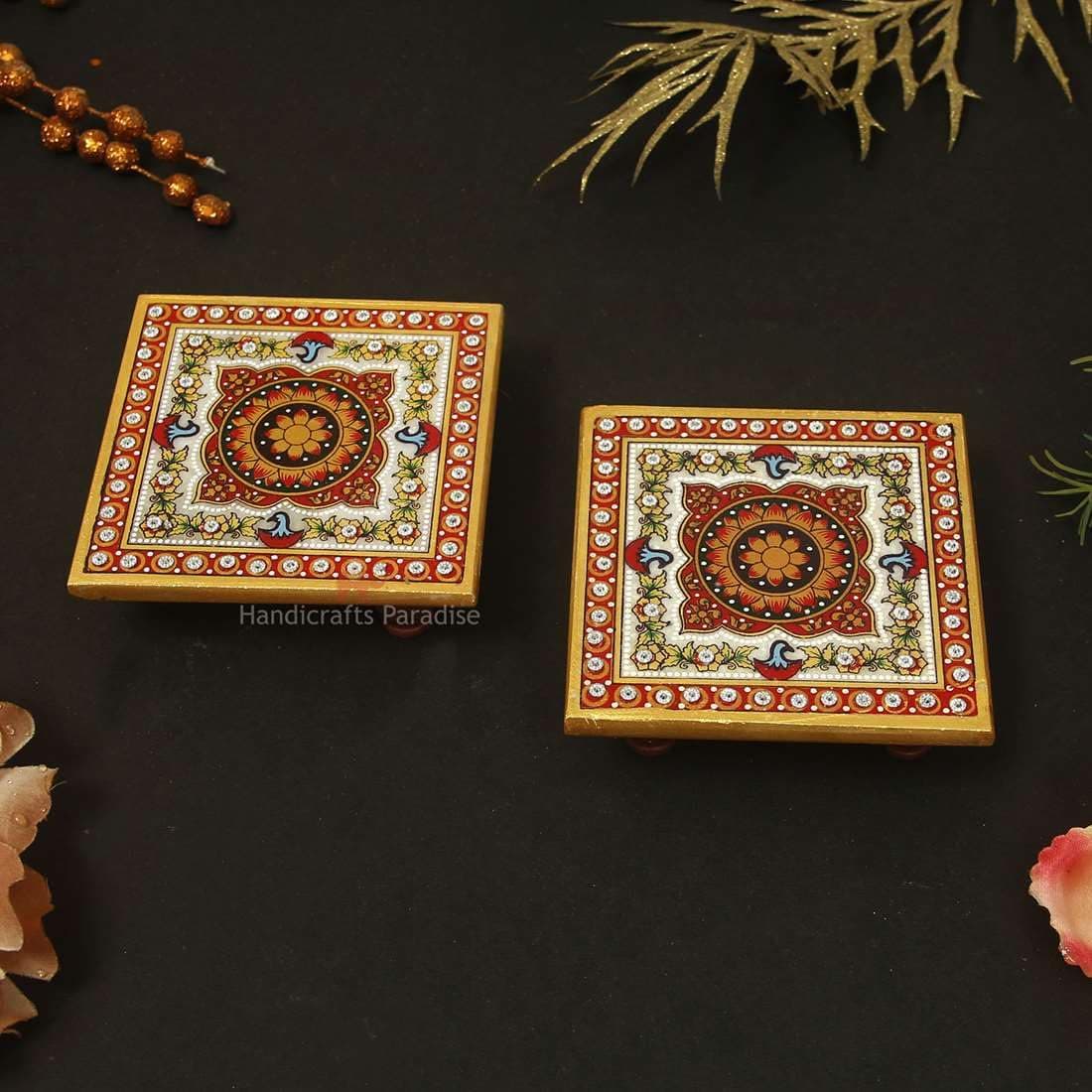Handicrafts Paradise Intricate Floral Painted Marble Chowki 102 cm x 102 cm x 255 cm Set of 2 multicolour
