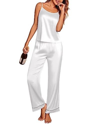 Ekouaer Women Silk Satin Pajamas Sleeveless Pjs Set 2 Piece Summer Loungewear Sleepwear with Pockets Pure White,M