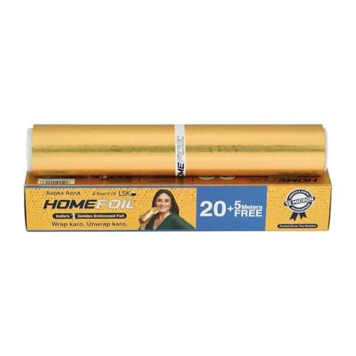 HOMEFOIL 25 Meters Golden Embossed Converted Aluminium Foil | 12 Micron Thickness | Keeps Food Fresh Always | Perfect for Food Wrapping, Packing, Storing and Serving (Pack of 1)