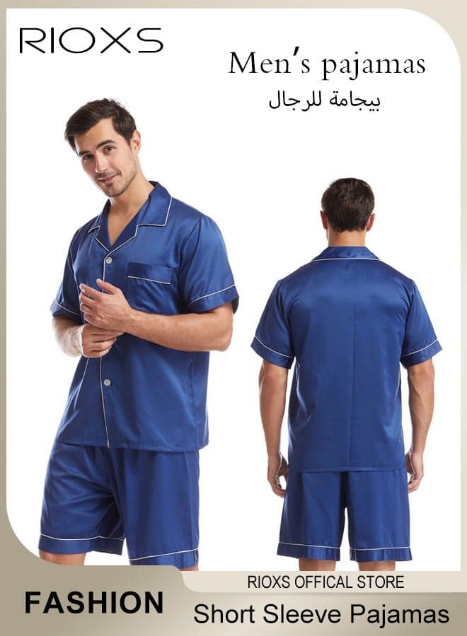 2 Pcs Men's Satin Pajamas Set, Silk Sleepwear Set, Short Sleeve Button Down Top and Shorts, Classic Summer Loungewear for Men, Soft Breathable Nightwear Pajamas Set for Home, Dormitory, Hotel, Travel and More, Blue