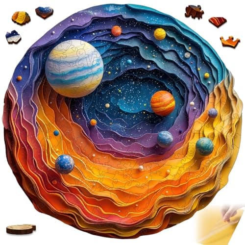 Mys Aurora Space Puzzles for Adults 200 Piece Unique Shapes Solar System Wooden Puzzles 3D Visual Effect Planet Jigsaw Puzzles Family Puzzle Games Birthday Gift 114 x 112 Inches