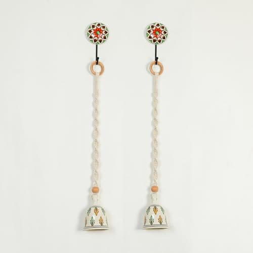 KAAMERI BAZAAR Macrame with Ceramic Bell Hanging Ornament and Hooks | Boho Macrame Design Wall Decoration for Diwali, Home, Balcony | (Set of 2, White)