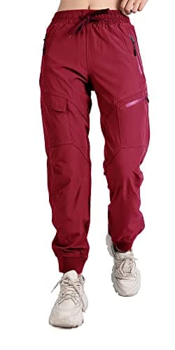 Singbring Womens Athletic Hiking Cargo Joggers Pants Outdoor Workout Lightweight Quick Dry UPF 50 Zipper Pockets Wine88M