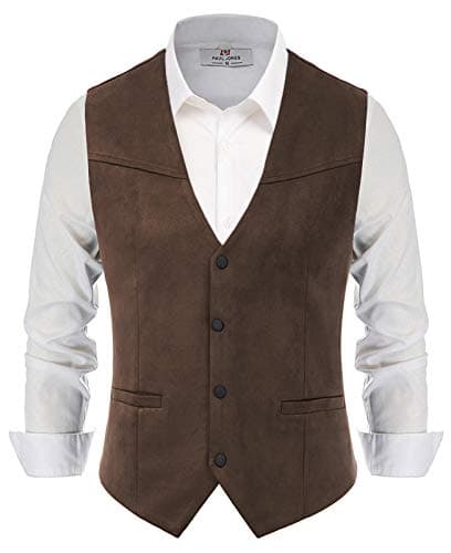 PJ PAUL JONES Men's Faux Suede Leather Suit Vest Slim Fit V-Neck Western Cowboy Dress Vests Business Wedding Waistcoat Tops
