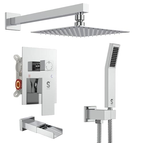 SR SUN RISE 12 Inches All Metal Square Shower System with Tub Spout, Tub Shower Faucet Set, High Pressure Rain Shower Head and Handheld Sprayer Combo Shower Fixtues, Valve Included, Polished Chrome