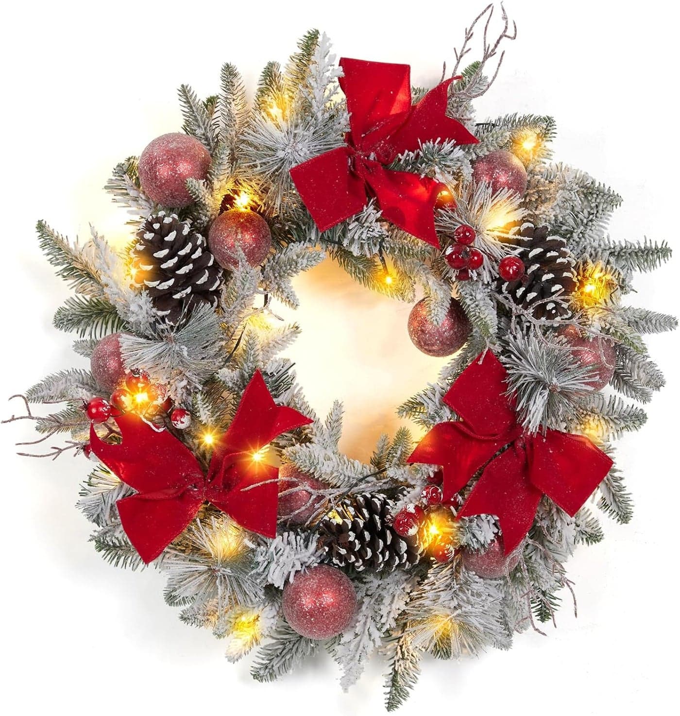 24 Inch Lighted Christmas Wreaths Prelit Xmas Wreath with 3 Red Bow Pine Wreath with 30 LED Lights Light Up Christmas Wreath for Front Door Holiday Wall Christmas Party Decor