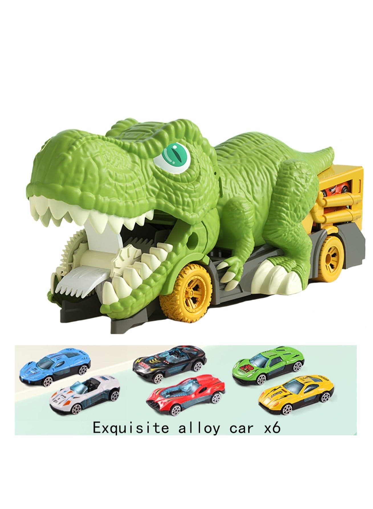 Tyrannosaurus Dinosaur Transport Truck with Swallowing Car and Six Alloy Vehicles Toy Gift for Children Ages Three to Five