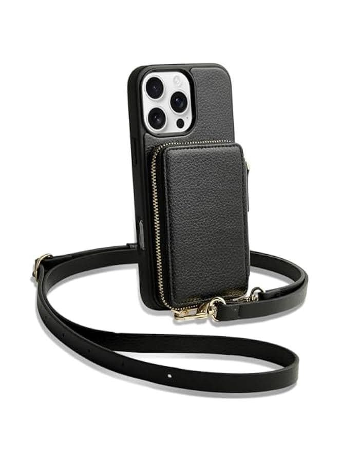 for iPhone 16 Pro Max Wallet Case, Zipper Crossbody Case with Wrist Strap Card Holder Protective Cover for Women for iPhone 16 Pro Max 6.9 Black