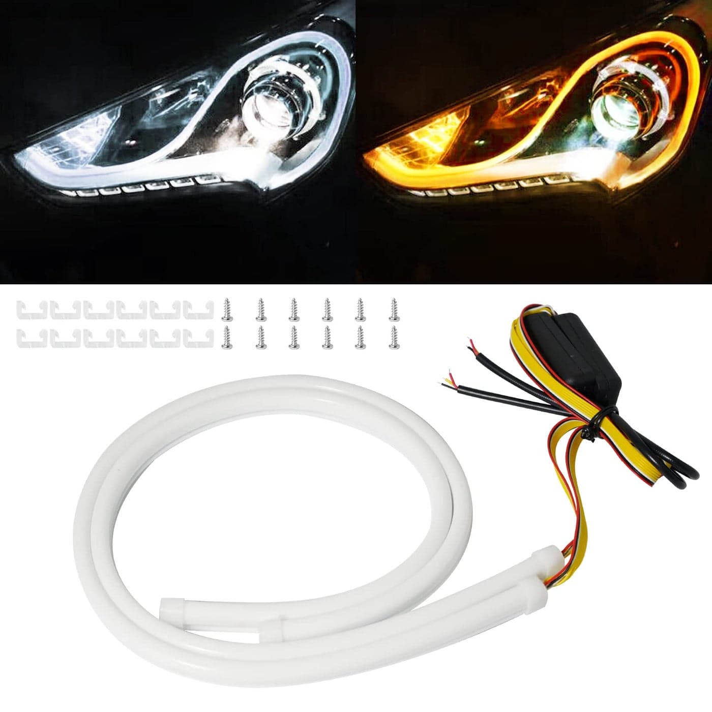 Qasim 24inch LED Daytime Running Light Sequential Guide Turn Signal Light WhiteAmber Flexible Car Light Strip Switchback 60CM2Pack