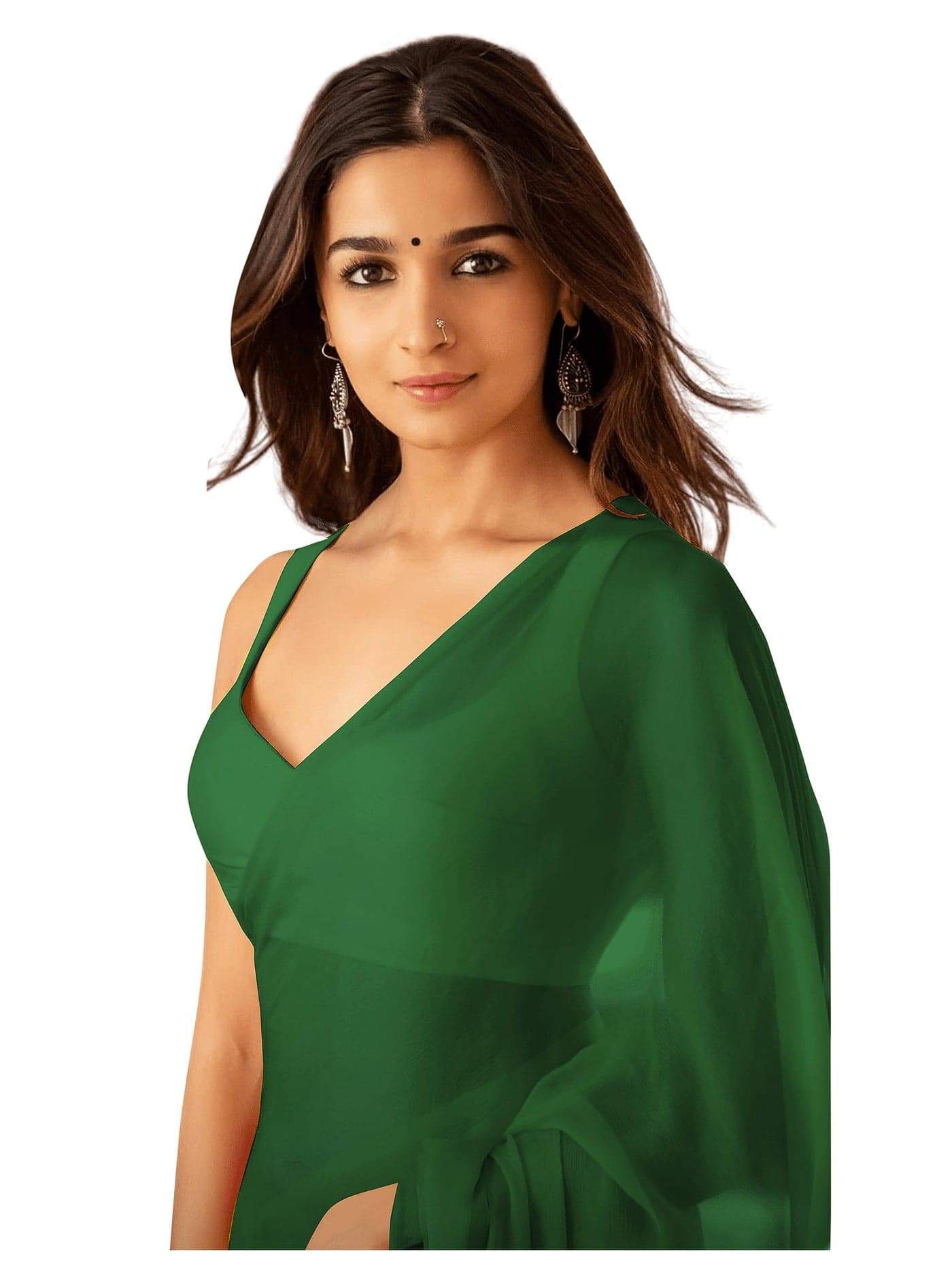 StyleScope Women's Plain Pure Georgette Saree With Unstitched Blouse Piece (Rocky Rani Bottle Green_Bottle Green_Free Size)