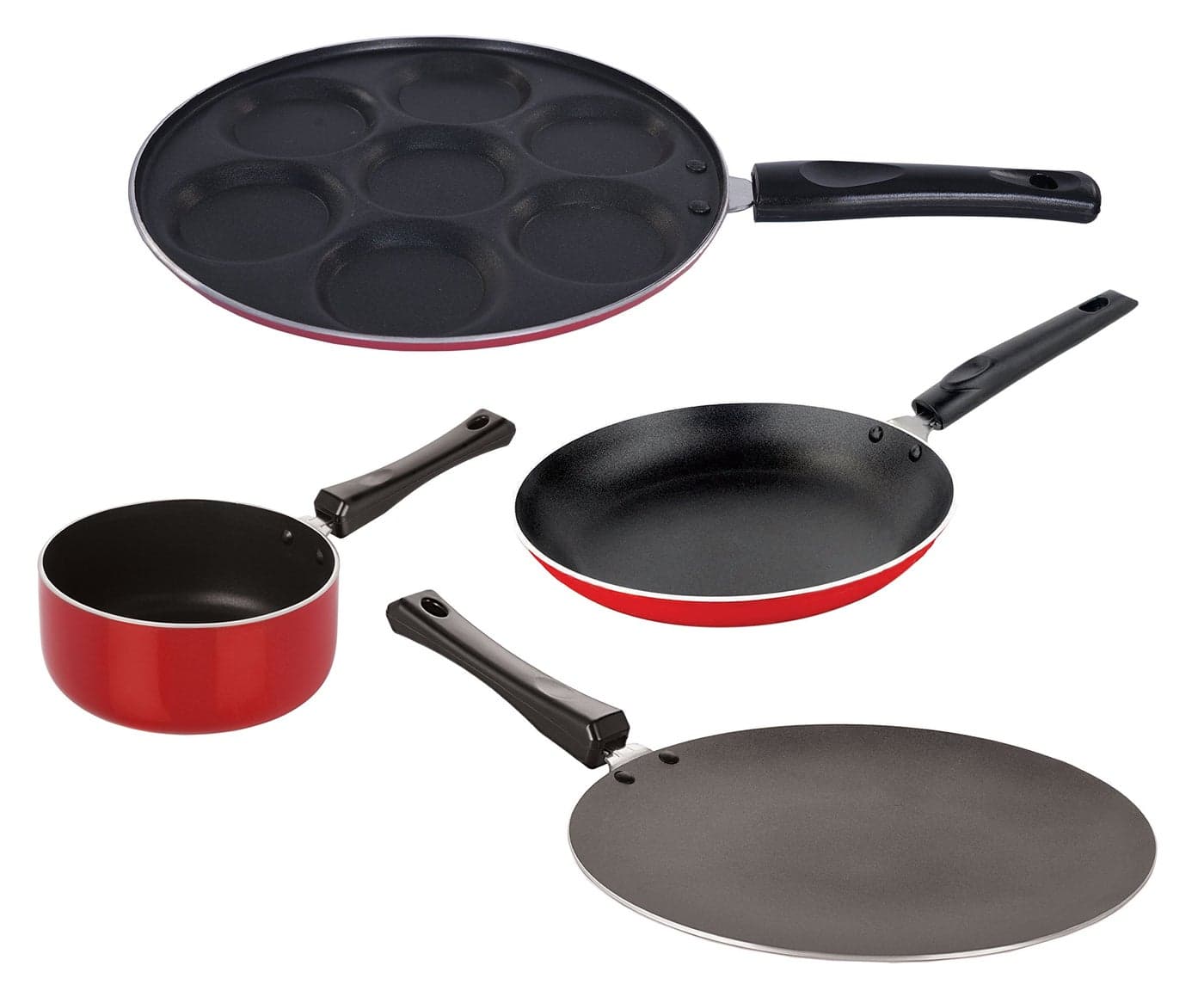 Nirlon Aluminium Cookware Set, 4-Pieces, Red and Black, CT11_SP(B)_UP(7)_TP