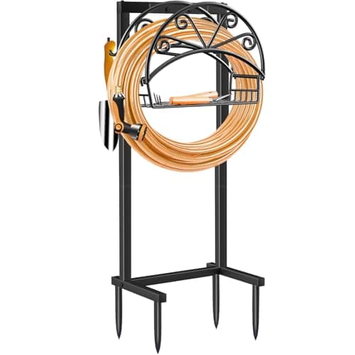 TomCare Garden Hose Holder Upgraded Water Hose Holder with Storage Basket 2 Tool Hooks Heavy Duty 4 Spikes Hose Hanger Holds 160ft Hoses Freestanding Hoses Storage Organizer for Outside Yard