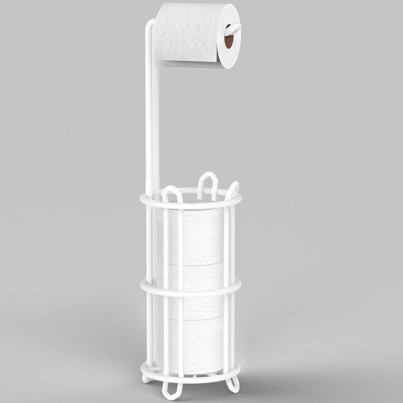 Meangood Toilet Paper Holder Stand and Tissue Paper Roll Dispenser for 4 Mega Rolls Bathroom Free Standing Tissue Roll Storage Holder Rack Metal Wire White