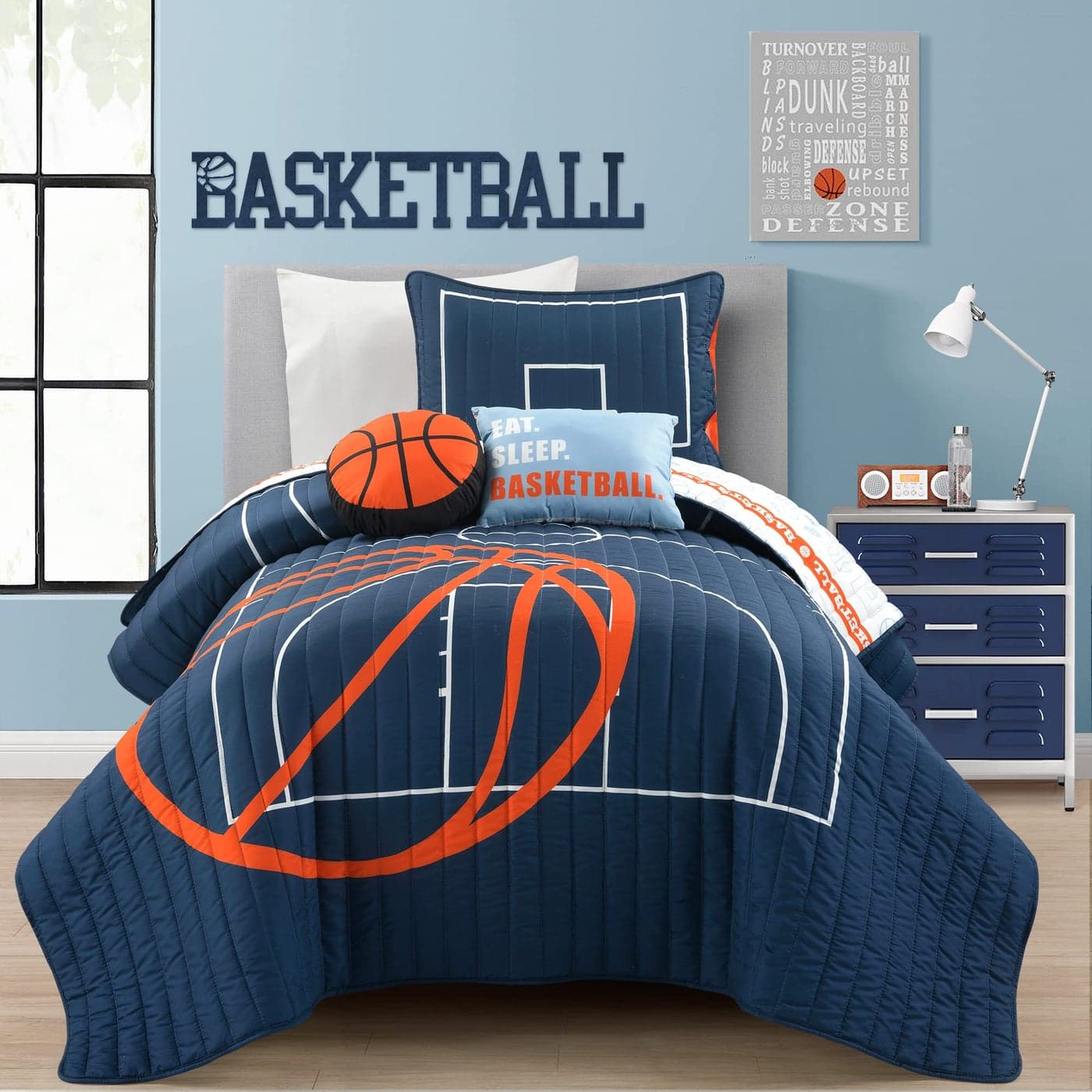 Lush Decor Basketball Game Reversible Quilt Set 4 Piece Set Twin Navy Soft Kids Bedding Set Basketball Decor Sports Quilt Kids Bedroom Decor