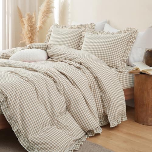 Yvrcen Taupe Gingham Ruffle Duvet Cover Queen Size 3 Piece Cotton Brown Plaid Comforter Cover, Ruffled Shabby Chic Checkered Bedding Set with Zipper Closure & Corner Ties(Comforter Not Included)