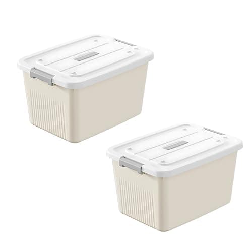 KREPS® Plastic Storage Bins With Latching Lids Stackable Containers, Large Storage Box For Bedroom, Basement, Classroom, Camping, Office (CREAM, LARGE - 14.5 X 10.5 X 8.2 INCH, PACK OF - 2)