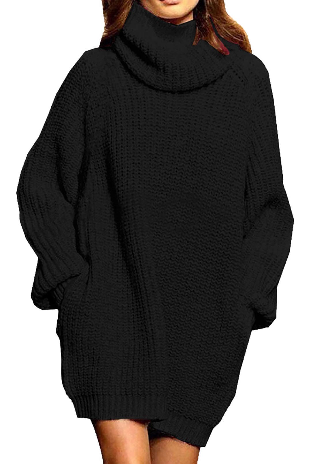 Pink Queen Women's Loose Turtleneck Oversize Long Pullover Sweater Dress Black XL