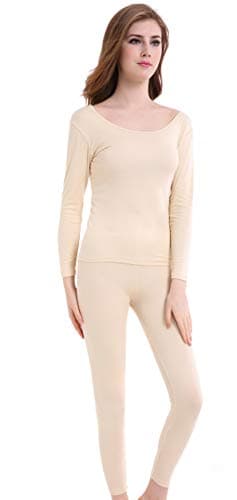 Thermal Underwear Soft Crew Neck Base Layer Lightweight Long Johns Set For Women Apricot