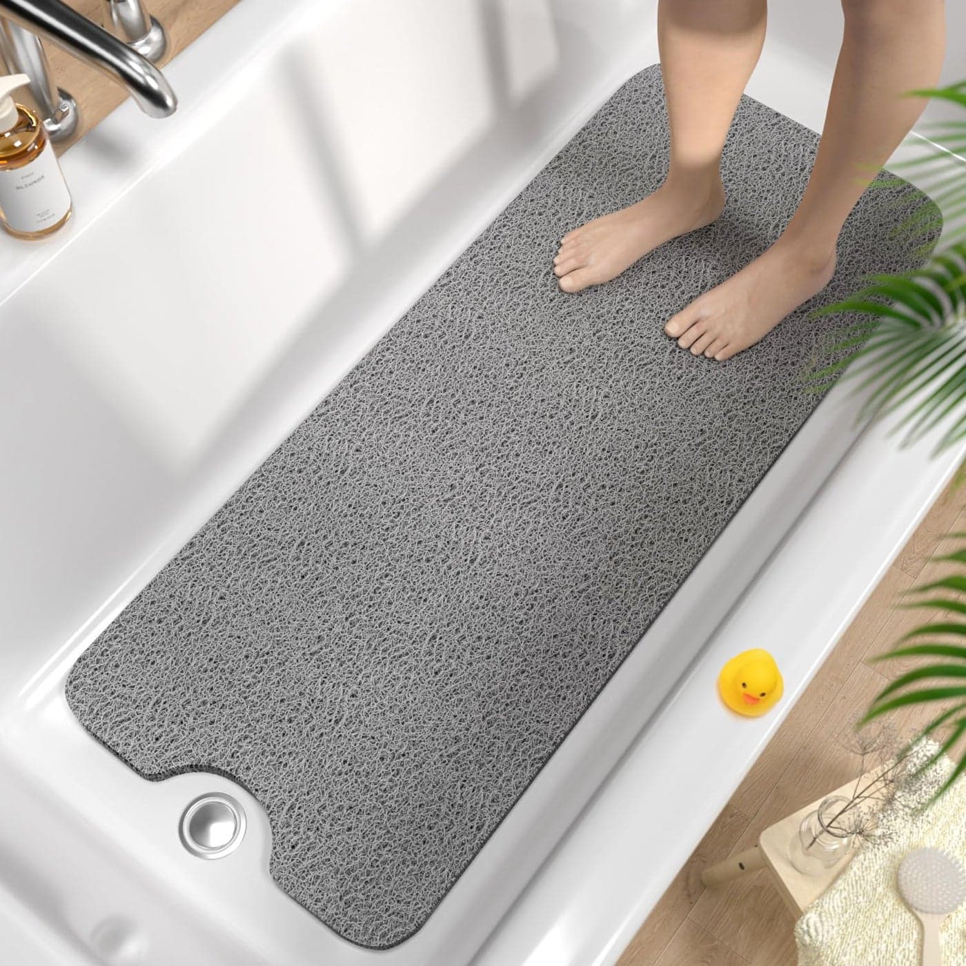 HITSLAM Non Slip Bath Mat 100 x 40 cm Extra Long Shower Mats for Inside Shower Soft PVC Loofah Bathtub Mat with Drain Quick Drying shower mat for Wet Area Without Suction Cup Grey