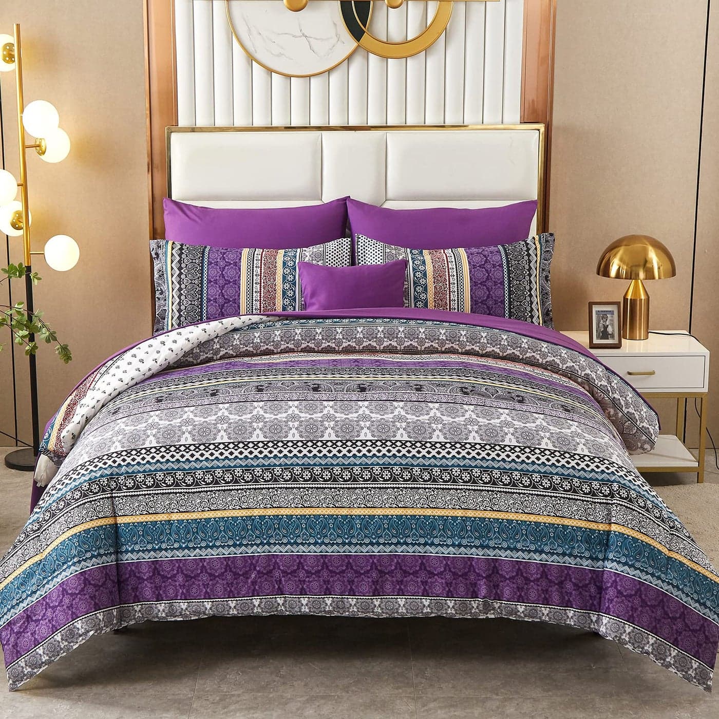 Boho Comforter Set King Size 8 Piece Bed in a Bag Bohemian Striped Bedding Quilt Set Purple Paisley Floral Comforter and Sheet SetSoft Microfiber Complete Bedding Sets for All Season