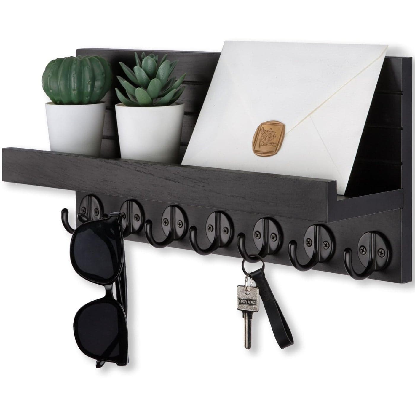 Lwenki Key Holder Wall Mount Entryway Key and Mail Holder with 7 Sturdy Hooks for Sunglasses Dog Leash Decorative Wall Shelf with Mounting Hardware 15W x 67H x 42D