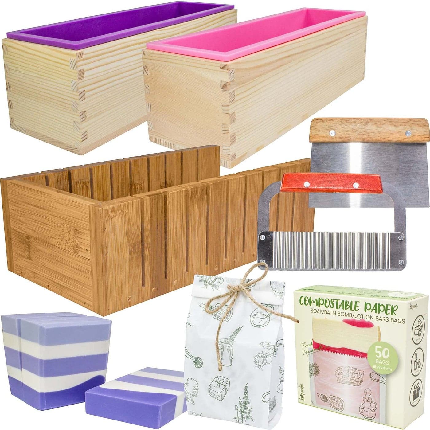 Soap Mold Making Kit with Wooden Cutter Soap Molds Silicone 46oz Purple Melt and Pour or Cold Process 50pc Soap Packaging Paper Bags and Slicer Gift for Wife Women Housewife Soaper