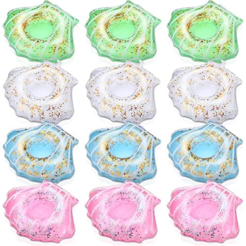 Honeydak 12 Pieces Inflatable Drink Holder Shell Drink Floats Sequin Reusable Inflatable Sea Animal Cup Coasters Pool Cup Holders for Summer Swimming Party Favors Decoration WhitePinkBlueGreen